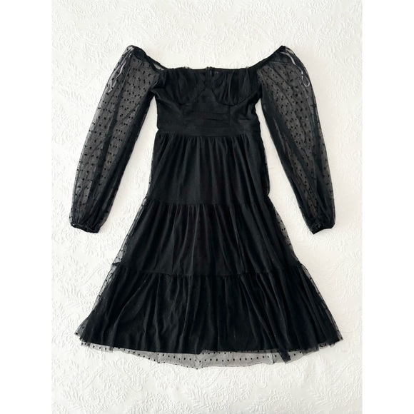 NWOT Lulus Affectionate Aura Black Swiss Dot Tiered Bustier Midi Dress Medium - Picture 2 of 8